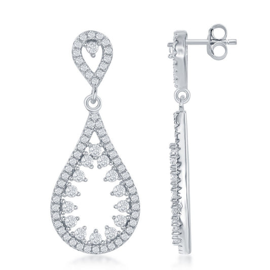 Sterling Silver Open Teardrop With White Cz Center Earrings