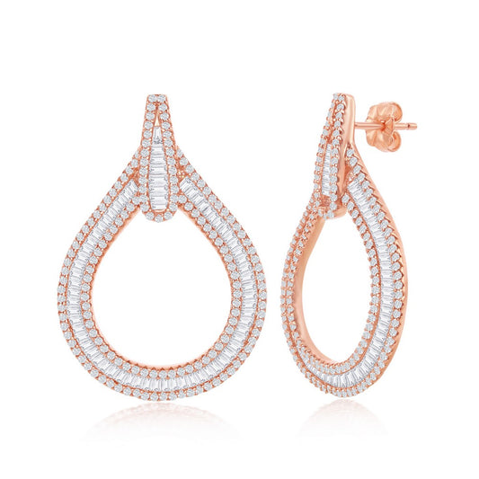 Sterling Silver RG Large Open Baguette CZ with Pave Border Teardrop Earrings