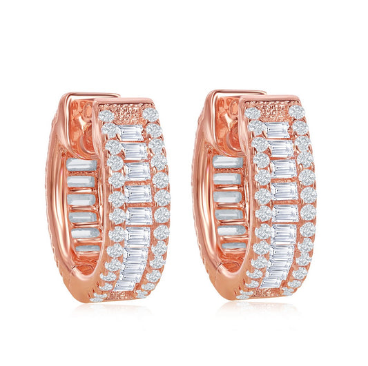 Sterling Silver Baguette CZ Small Hoop Earrings - Rose Gold Plated