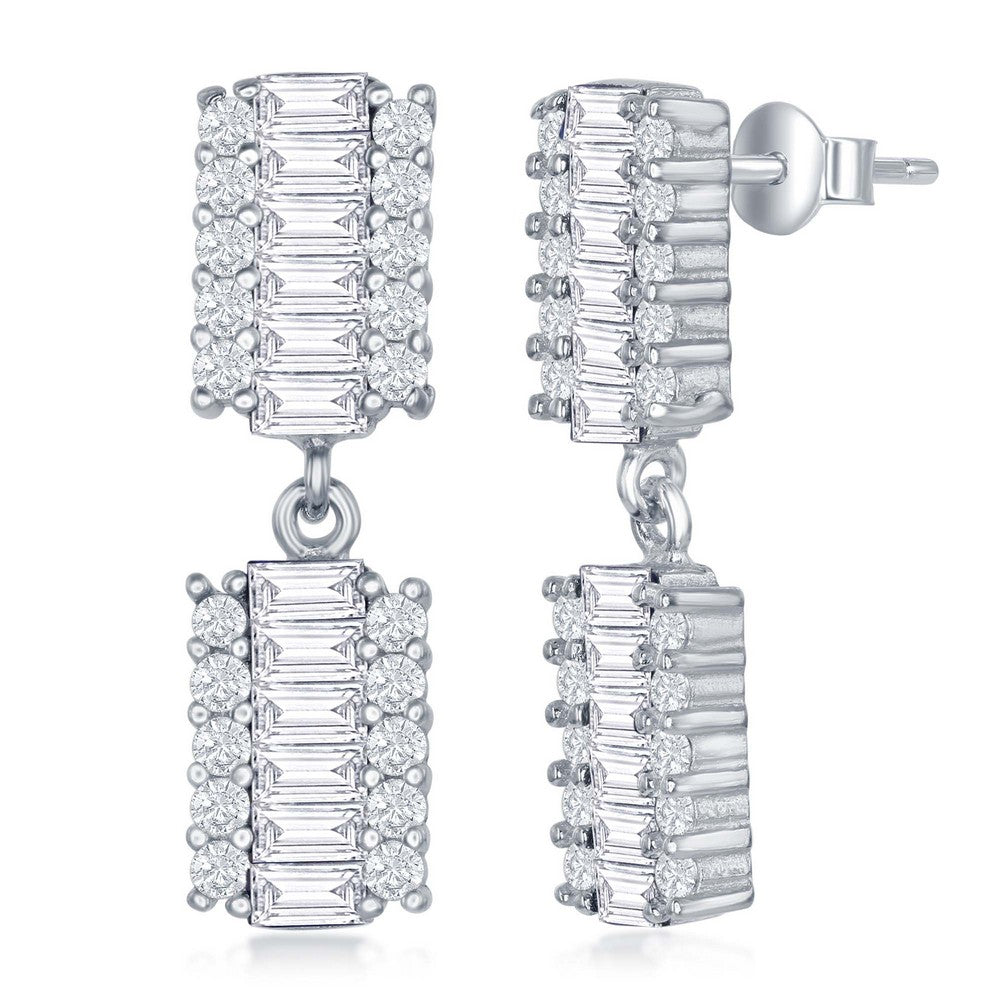 Sterling Silver Double Rectangle Baguette CZ Earrings