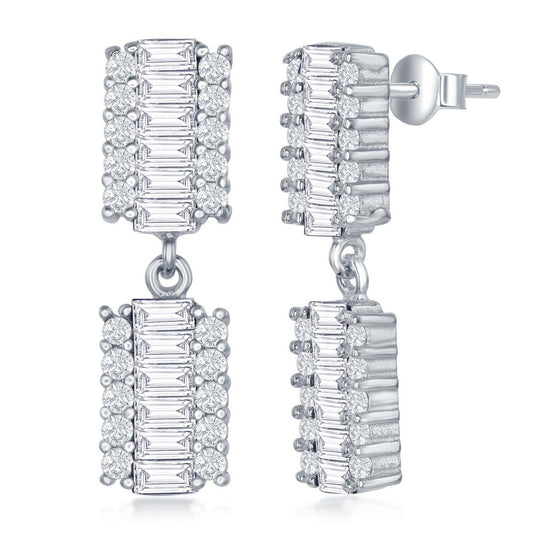 Sterling Silver Double Rectangle Baguette CZ Earrings