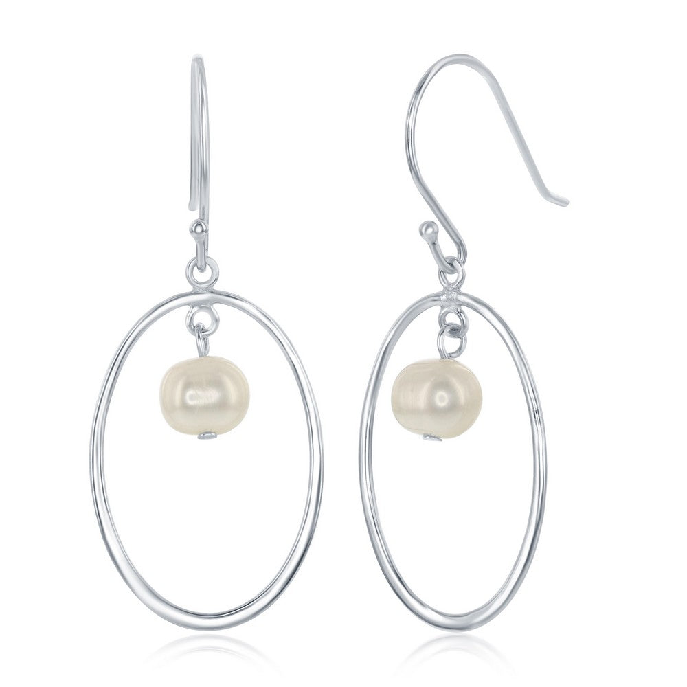 Sterling Silver Open Oval with Freshwater Pearl Earrings