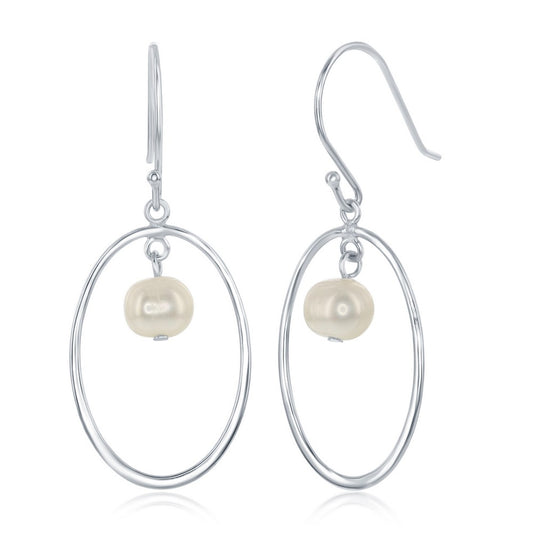 Sterling Silver Open Oval with Freshwater Pearl Earrings