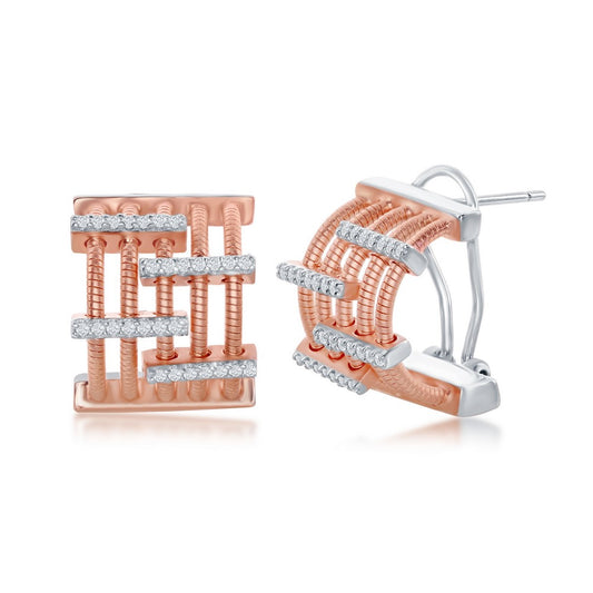 Sterling Silver Designer Earrings, Set with CZ, Bonded with 14K Rose Gold, MADE IN ITALY