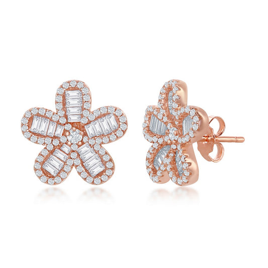 Sterling Silver Baguette CZ Flower Stud Earrings - Rose Gold Plated