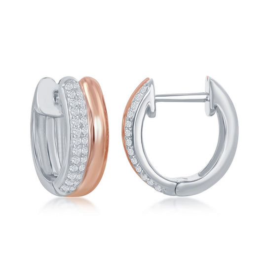 Sterling Silver Two-Tone Rose Gold Plated Micro Pave Double Hoop Earrings