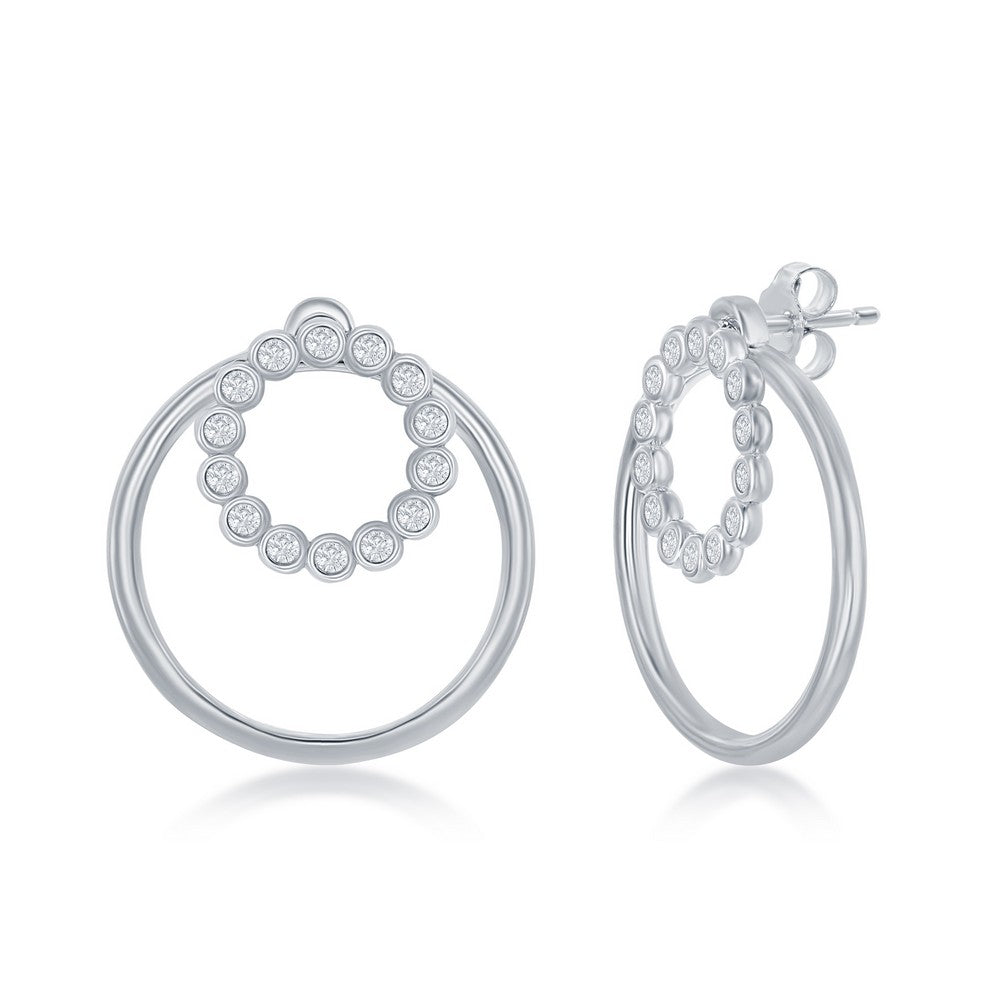 Sterling Silver Bezel-Set CZ and Plain Open Circle Earrings