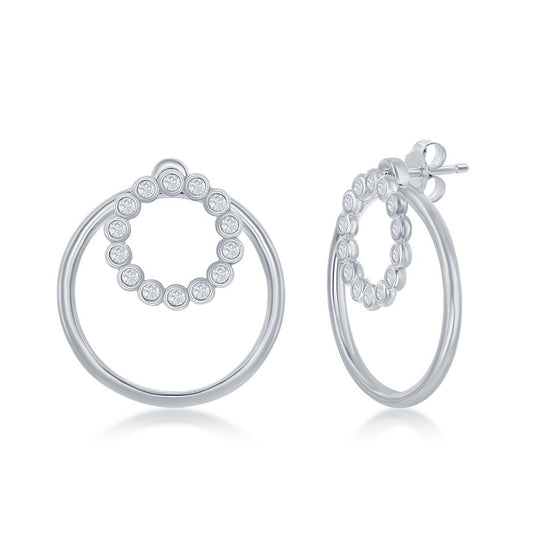 Sterling Silver Bezel-Set CZ and Plain Open Circle Earrings