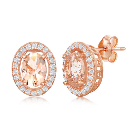 Sterling Silver Oval Morganite CZ with White CZ Border Stud Earrings - Rose Gold Plated