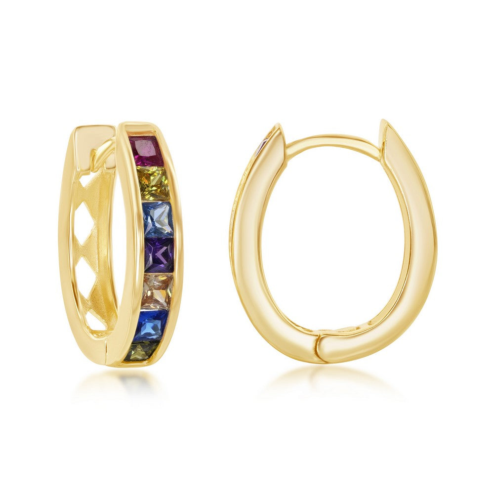 Sterling Silver Channel-Set Rainbow CZ Oval Hoops - Gold Plated