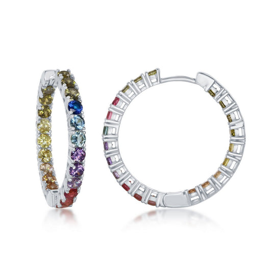 Sterling Silver In-and-Out, Rainbow CZ 3x30mm Hoop Earrings