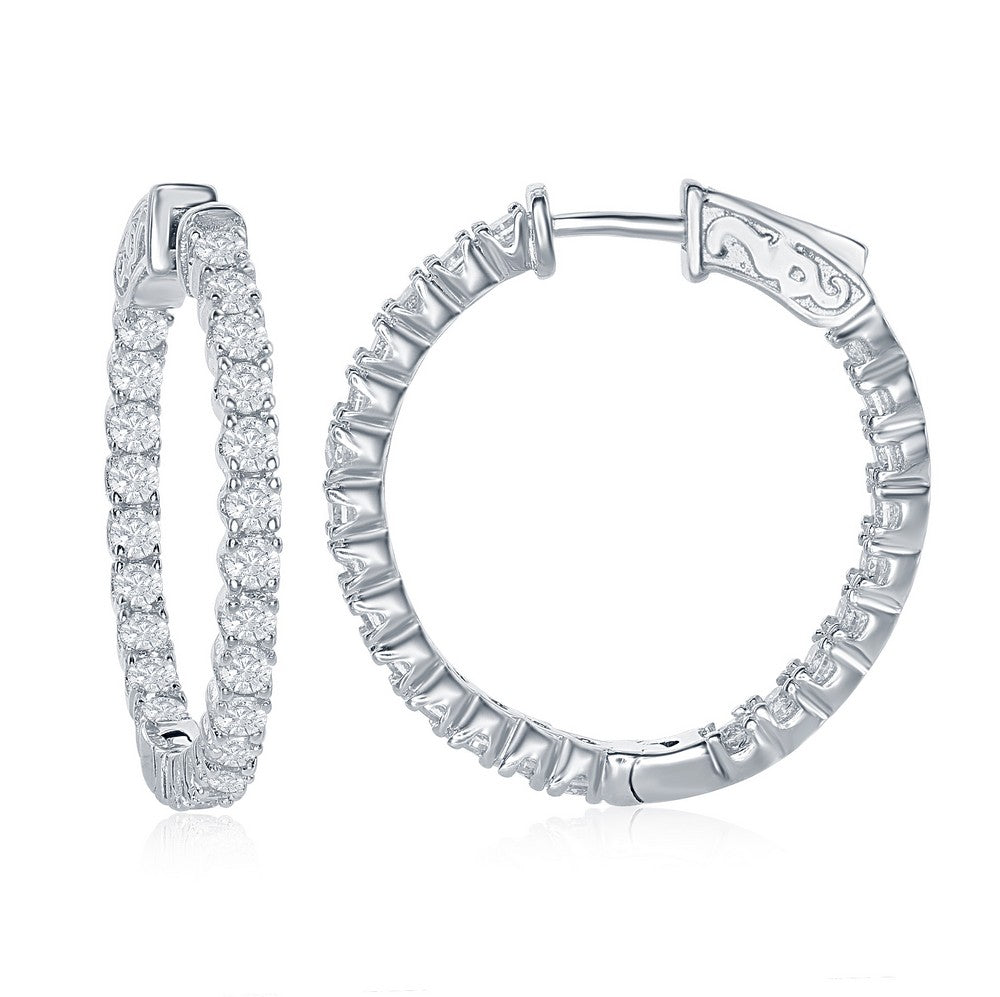 Sterling Silver 3x30mm Inside-Outside CZ Hoop Earrings