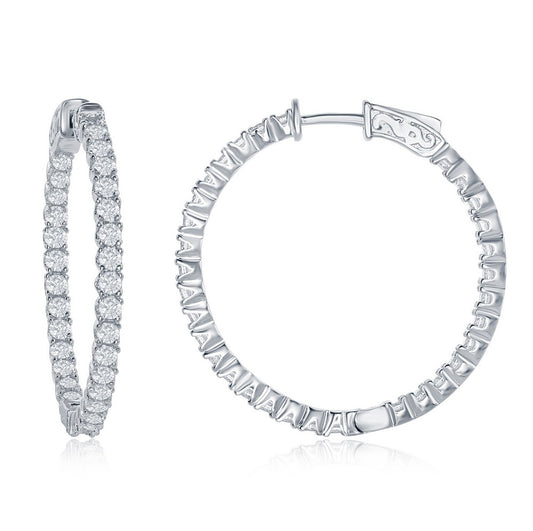 Sterling Silver 3x35mm Inside-Outside CZ Hoop Earrings