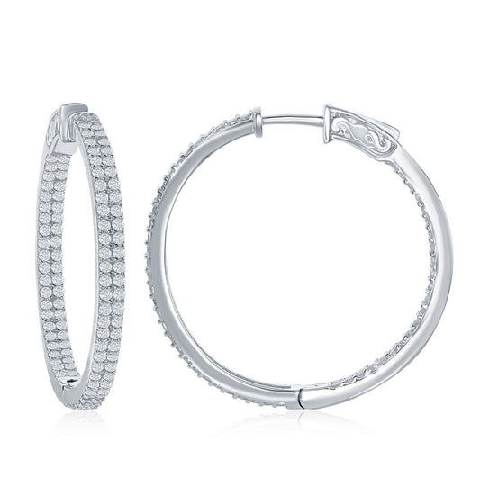 Sterling Silver 3x35mm Inside-Outside Double Row CZ Hoop Earrings
