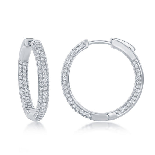 Sterling Silver 3x25mm Inside-Outside Micro Pave CZ Hoop Earrings