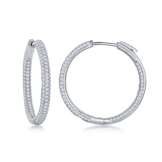 Sterling Silver 3x30mm Inside-Outside Micro Pave CZ Hoop Earrings