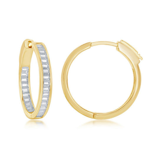 Sterling Silver Gold Plated 4x25mm Inside-Outside Baguette CZ Earrings