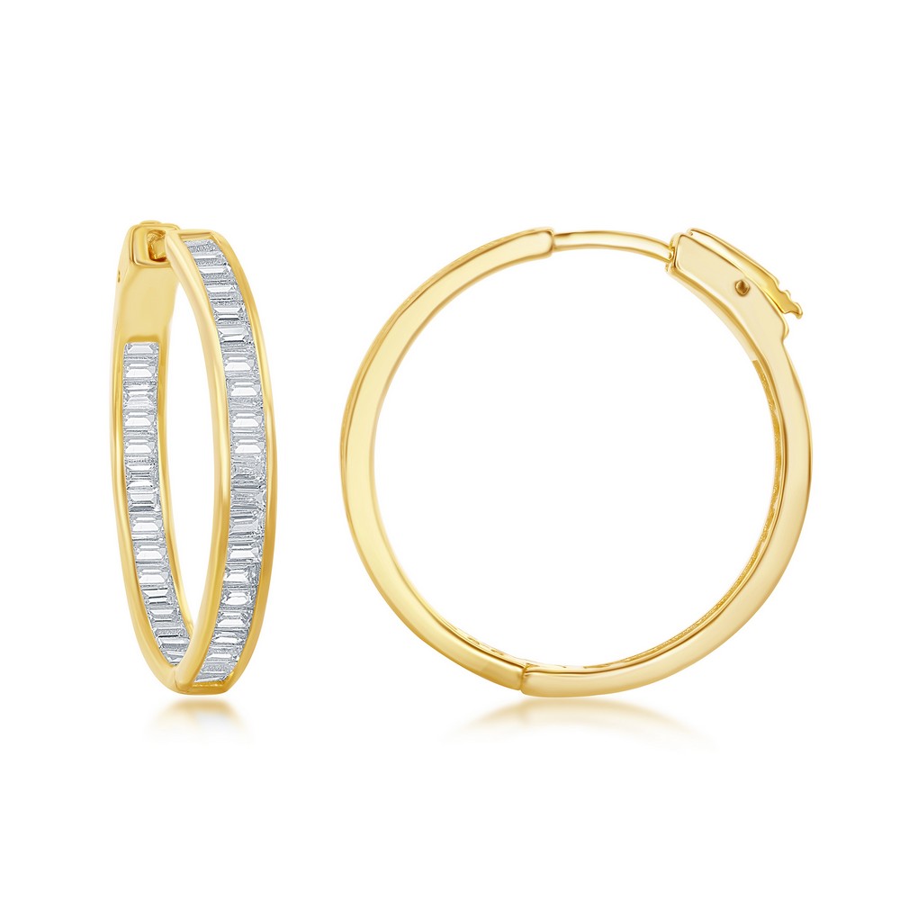 Sterling Silver Gold Plated 4x30mm Inside-Outside Baguette CZ Earrings