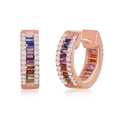 Sterling Silver Baguette Rainbow CZ Small Huggie Hoop Earrings - Rose Gold Plated