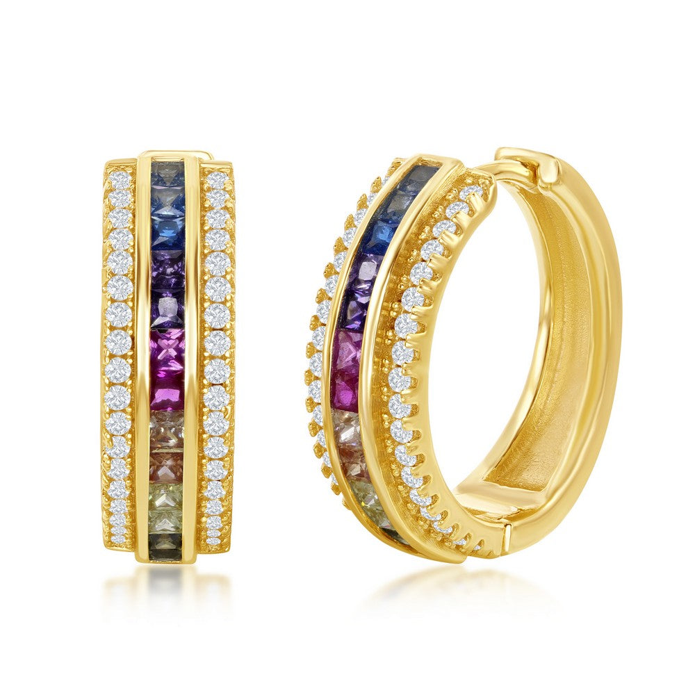 Sterling Silver GP Half Center Channel Set Rainbow CZ with White CZ Border Hoop Earrings