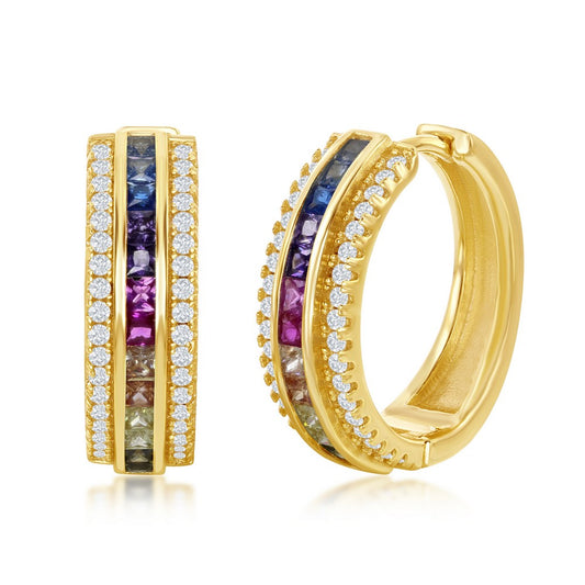Sterling Silver GP Half Center Channel Set Rainbow CZ with White CZ Border Hoop Earrings