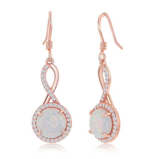Sterling Silver Infinity Design Round White Opal with CZ Halo Earrings - Rose Gold Plated
