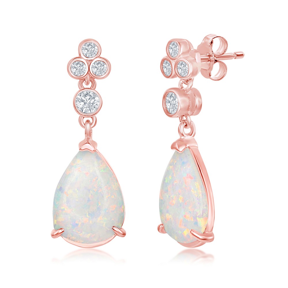 Sterling Silver Triple CZ Cluster Pear-Shaped White Inlay Opal Earrings - Rose Gold Plated