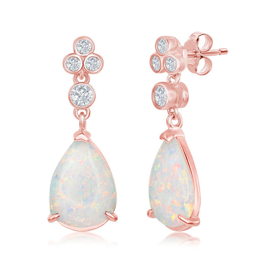 Sterling Silver Triple CZ Cluster Pear-Shaped White Inlay Opal Earrings - Rose Gold Plated