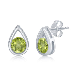 Sterling Silver Pearshaped Earrings With Round August Birthstone Gemstone Studs - Peridot