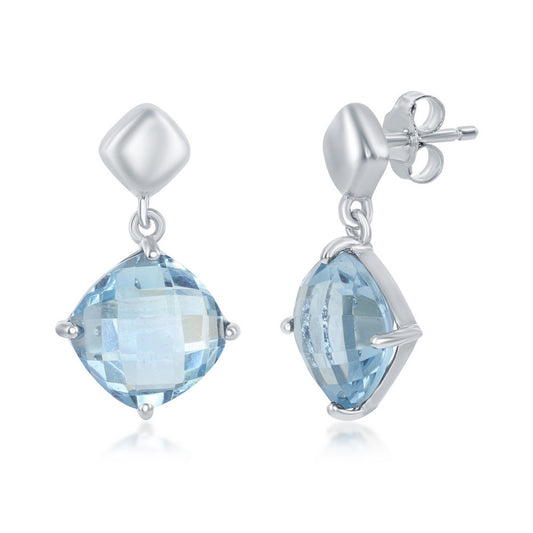 Sterling Silver Four-Prong Square Cushion-cut Gem Earrings - Blue Topaz