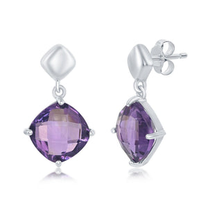 Sterling Silver Four-Prong Square Cushion-Cut Gem Earrings - Amethyst