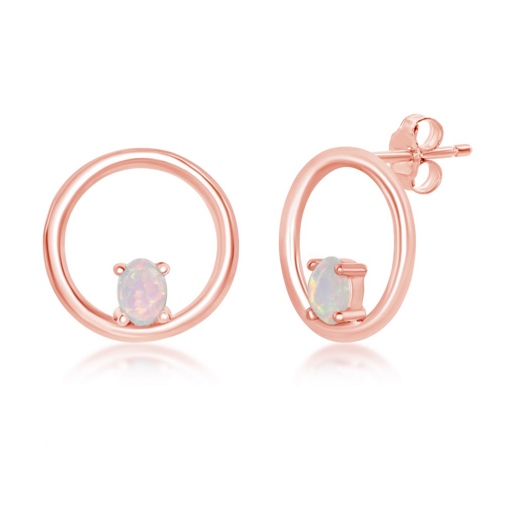 Sterling Silver Open Circle with Four-Prong White Opal Stud Earrings - Rose Gold Plated