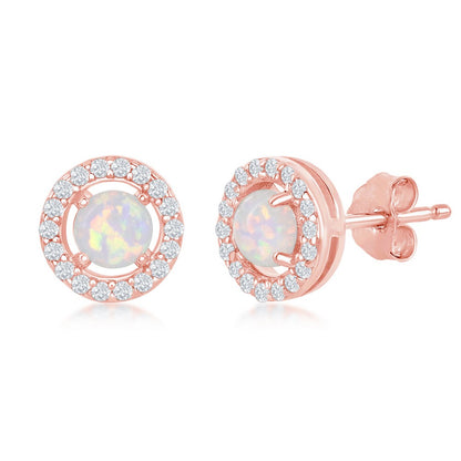 Sterling Silver Four-Prong White Opal with CZ Halo Round Stud Earrings - Rose Gold Plated