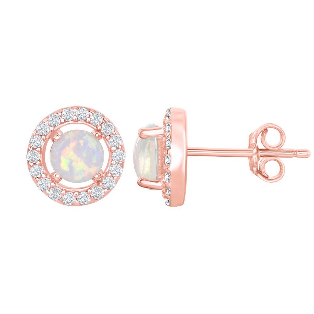 Sterling Silver Four-Prong White Opal with CZ Halo Round Stud Earrings - Rose Gold Plated