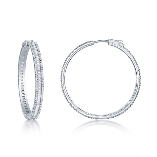 Sterling Silver Baguette CZ 40mm Hoop Earrings