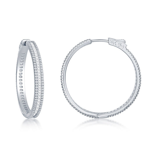 Sterling Silver Baguette CZ 35mm Hoop Earrings