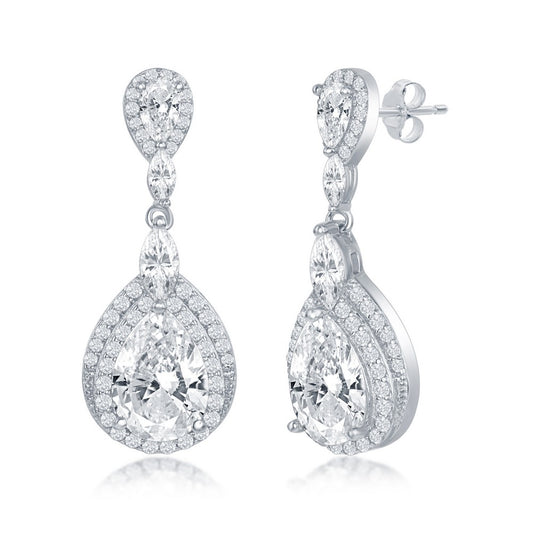 Sterling Silver Double Pearshaped CZ Dangling Earrings