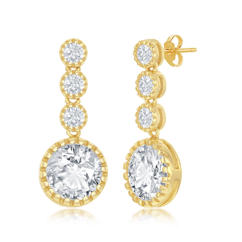 Sterling Silver Round CZ Dangling Earrings - Gold Plated