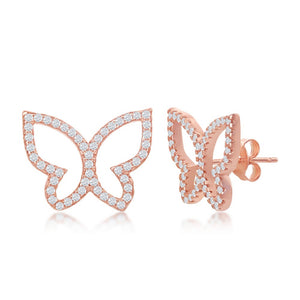 Sterling Silver Open Butterfly CZ Stud Earrings - Rose Gold Plated