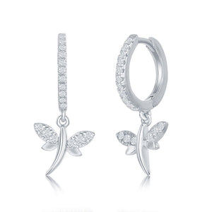 Sterling Silver Small Huggie Hoop CZ Dragonfly Earrings