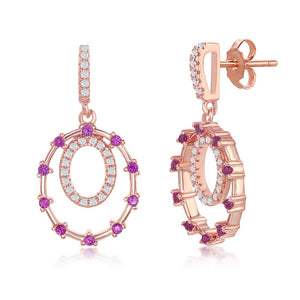 Sterling Silver Double Circle, Ruby CZ Earrings - Rose Gold Plated