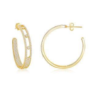 Sterling Silver Inside-Outside Pave and Bezel-Set Open Hoop Earrings - Gold Plated
