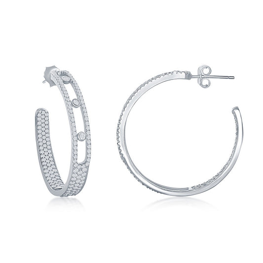 Sterling Silver Inside-Outside Pave and Bezel-Set Open Hoop Earrings - Rhodium Plated