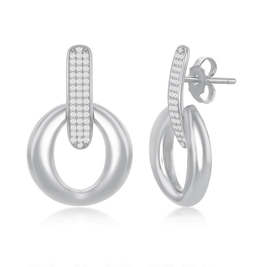 Sterling Silver Polished Door-Knocker Pave Earrings