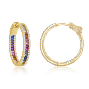 Sterling Silver 4x25mm Center Rainbow Channel-Set  and White CZ Border Hoop Earrings - Gold Plated