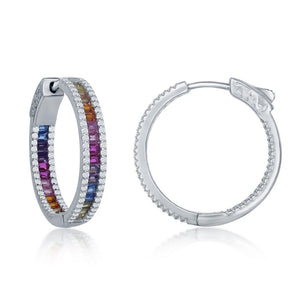 Sterling Silver 4x25mm Center Rainbow Channel-Set  and White CZ Border Hoop Earrings