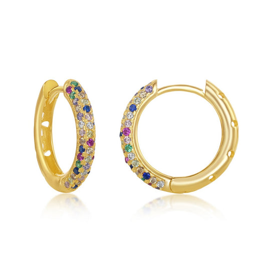 Sterling Silver Rainbow CZ 3x19mm Huggie Hoop Earrings - Gold Plated