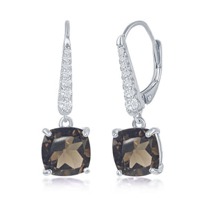 Sterling Silver White Topaz Earrings, With Four-Prong 9x9mm Cushion-Cut Gem -  Smoky Quartz