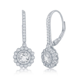 Sterling Silver CZ Flower Design Dangling Earrings