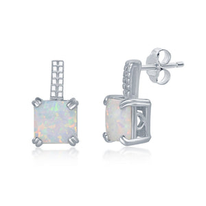 Sterling Silver Beaded Bar Prong Square White Opal Earrings